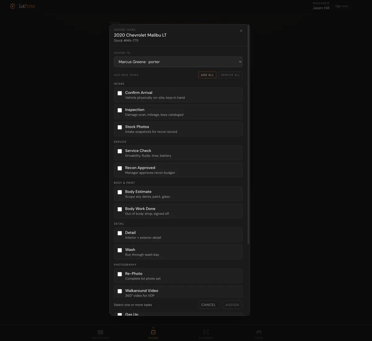 LotPorter task assignment concept for a vehicle in recon